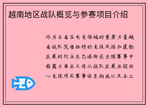 越南地区战队概览与参赛项目介绍