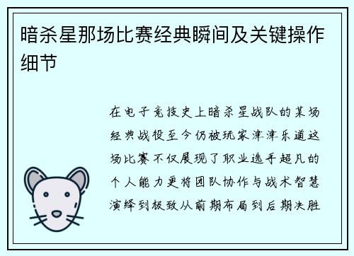 暗杀星那场比赛经典瞬间及关键操作细节
